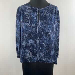 PARKER Blue Printed Keyhole Neck Tie Long Sleeve Pleated Blouse Top 100% Silk M